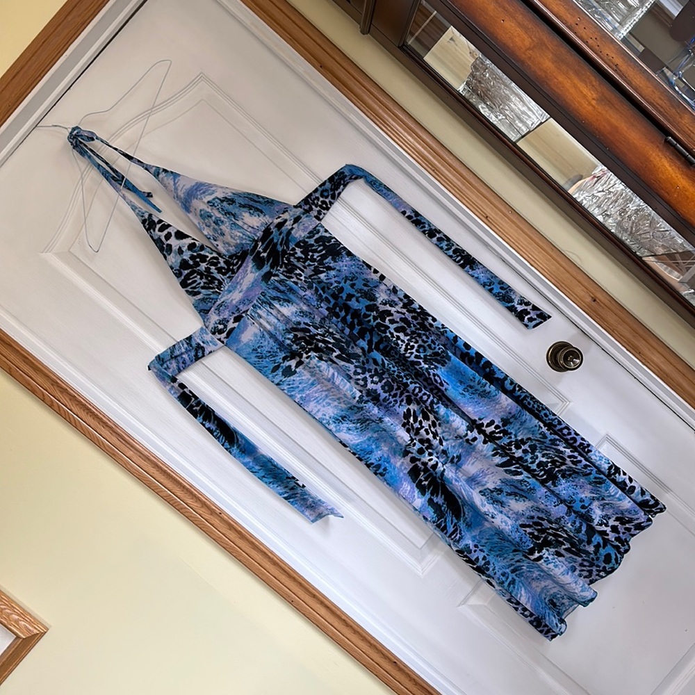 Summer halter dress, blue print, size small